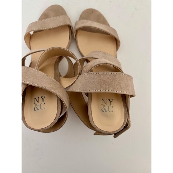 Taupe Faux Suede Sandals 10 Strappy Block Heel Ankle Wrap Quiet Luxury Boho Glam - Picture 12 of 14